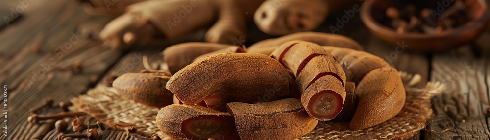 Slices of exotic Chinese tamarind showing their unique crosssections, laid out on a rustic wooden table with a traditional Chinese backdrop Slices of exotic Chinese tamarind showing their unique crosssections, laid out on a rustic wooden table with a traditional Chinese backdrop