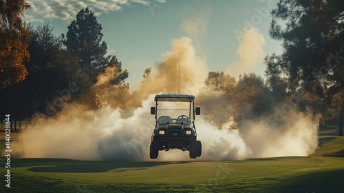 Golf cart flying through air. just took off a jump. on golf course seen from behind with smoke around it. Generative AI.