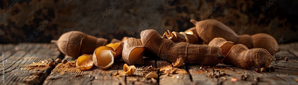 Slices of exotic tamarind showing their unique crosssections, laid out on a rustic wooden table with a traditional Indian backdrop Slices of exotic tamarind showing their unique crosssections, laid out on a rustic wooden table with a traditional Indian backdrop