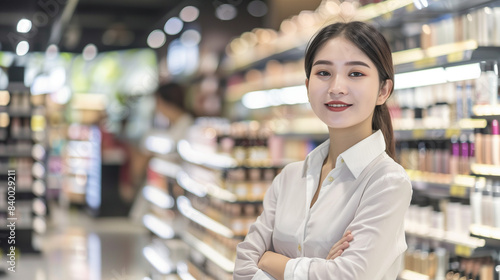 Female consultant in light clothing, standing among cosmetics products with a polite look, ideal for enhancing customer experience in beauty salons.