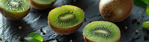 Vibrant kiwiberries with their smooth green skins, some sliced to reveal the juicy interior, displayed on a dark slate surface photo