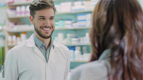 Male consultant in professional attire smiles at client near blurred shelves. Perfect for marketing campaigns showcasing exceptional customer service.