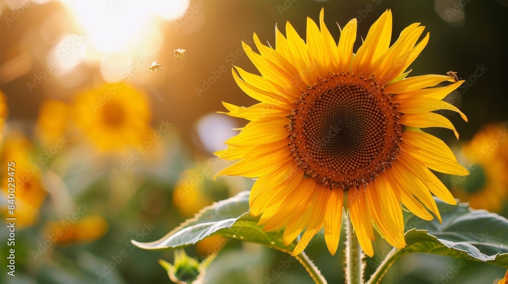 Fototapeta premium A close-up photo of a sunflower, its golden petals radiating towards the center, with a few tiny bees buzzing around.