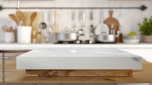 Modern marble surface on a wooden base, featuring a logo space and slightly blurred kitchenware behind. Ideal for ads and announcements.