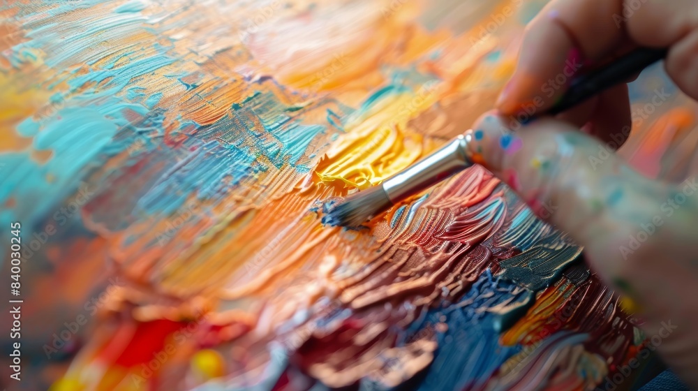 A close-up photorealistic image of a hand holding a paintbrush, capturing the vibrant colors of a sunset on a canvas. A close-up photorealistic image of a hand holding a paintbrush, capturing the vibrant colors of a sunset on a canvas.
