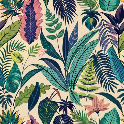 Seamless pattern of tropical plants like ferns, bromeliads, and alocasia leaves, Generative AI