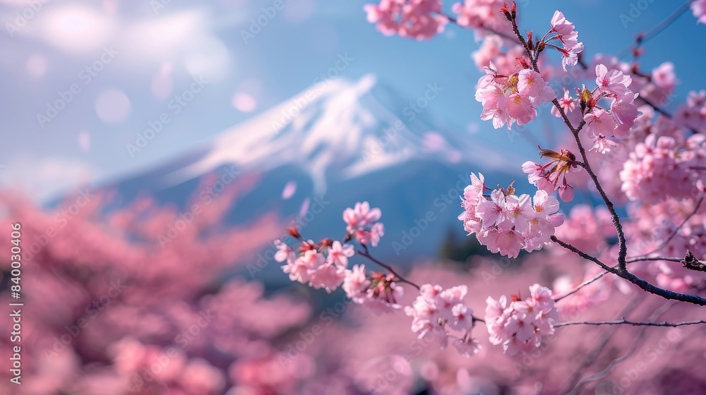 Pink Cherry Blossoms Blooming in Spring with Mount Fuji in Background Pink Cherry Blossoms Blooming in Spring with Mount Fuji in Background
