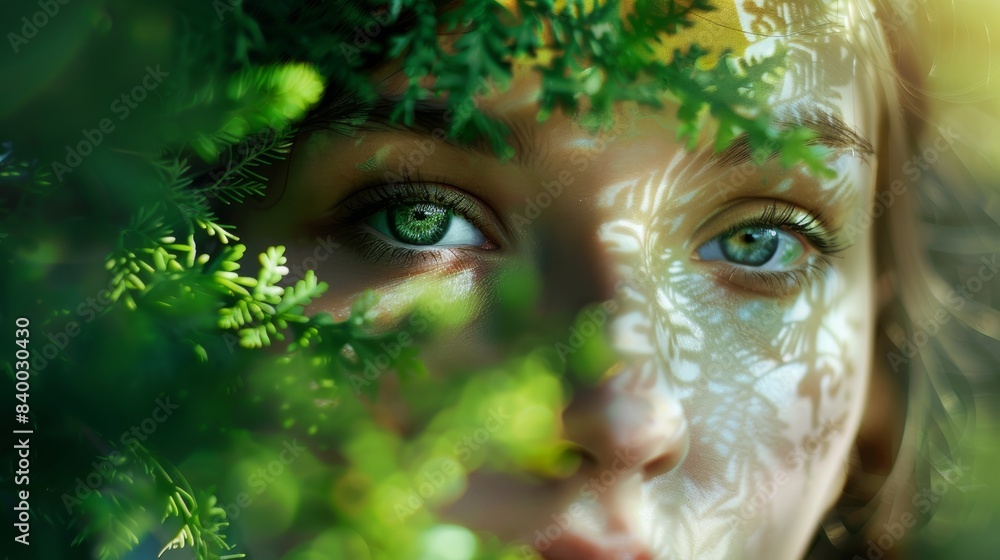 A close-up portrait of a woman's face with a lush green forest double exposed over her features, capturing the harmony between human beauty and the natural world. A close-up portrait of a woman's face with a lush green forest double exposed over her features, capturing the harmony between human beauty and the natural world.