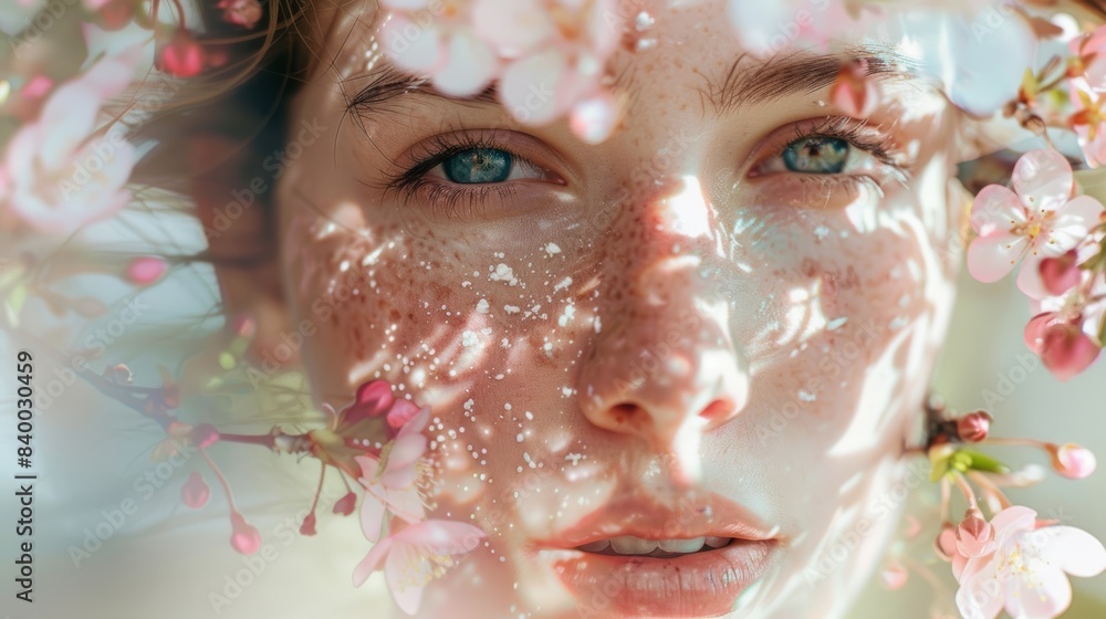 A close-up portrait of a woman's face with delicate spring flowers double-exposed over her skin, creating a dreamy and ethereal effect. A close-up portrait of a woman's face with delicate spring flowers double-exposed over her skin, creating a dreamy and ethereal effect.