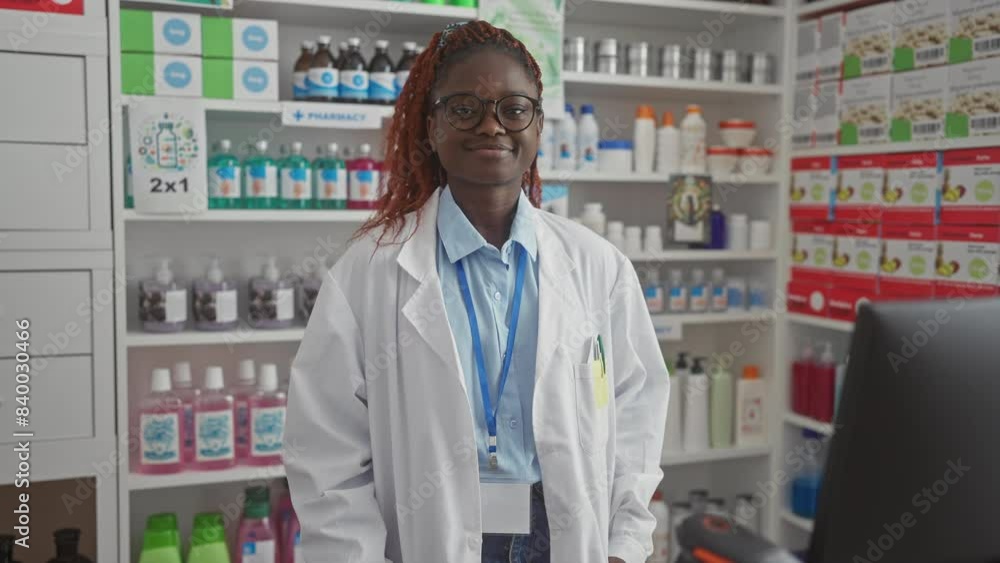 Young african american pharmacist smiling in white lab coat inside a well-stocked pharmacy Young african american pharmacist smiling in white lab coat inside a well-stocked pharmacy