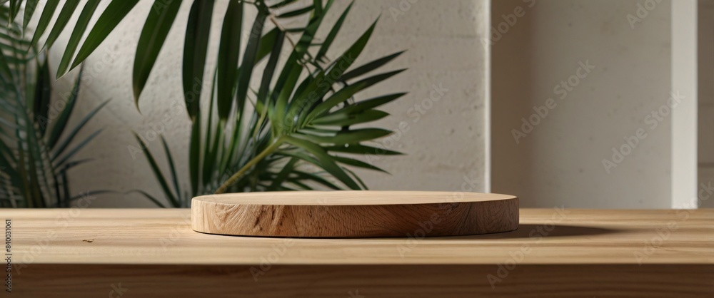 Minimal natural wood podium with green palm leaf with sunlight background. Minimal wooden stand for branding and packaging presentation Minimal natural wood podium with green palm leaf with sunlight background. Minimal wooden stand for branding and packaging presentation