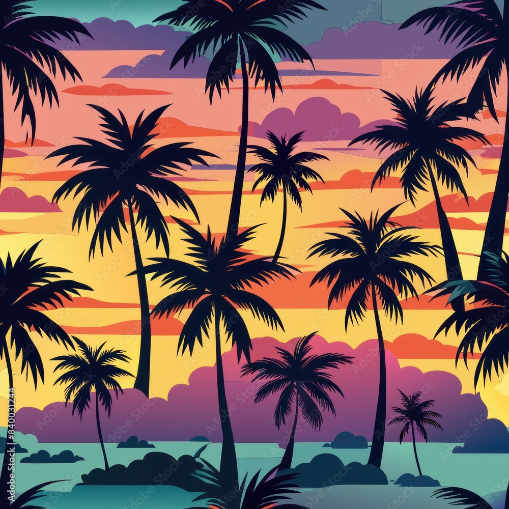 Seamless pattern of tropical sunsets with palm trees silhouetted against colorful skies, Generative AI Seamless pattern of tropical sunsets with palm trees silhouetted against colorful skies, Generative AI