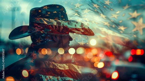 Silhouette of a cowboy with an American flag overlay, blurred city lights in the background. photo