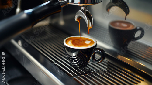 A coffee machine is pouring coffee into a cup