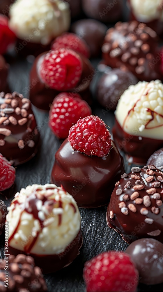 Beautiful raspberry covered in dark chocolate. Some of them are cut in half and filled inside with white chocolate. Generative AI.