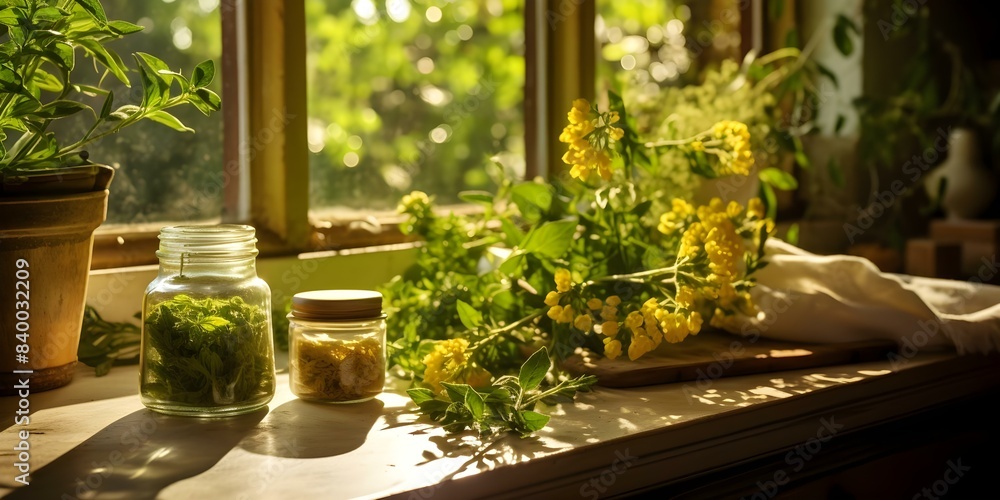 Sunlit kitchen window with aromatic herbs evoking fresh ingredient cooking ambiance. Concept Indoor Lighting, Aromatic Herbs, Fresh Ingredients, Cooking Ambiance Sunlit kitchen window with aromatic herbs evoking fresh ingredient cooking ambiance. Concept Indoor Lighting, Aromatic Herbs, Fresh Ingredients, Cooking Ambiance