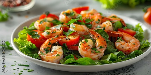 Shrimp salad with tomatoes lettuce and herbs on a white plate. Concept Salad, Shrimp, Tomatoes, Lettuce, Herbs, White Plate