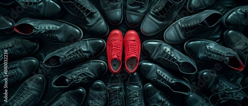  A pair of red sneakers among a large group of black leather dress shoes photo