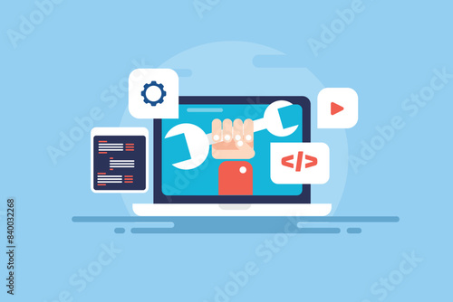 Web development website fixing migration, installation coding programming concept, application technology system maintenance vector illustration.