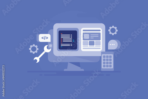 Website development error fixing coding programming concept, vector illustration.