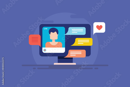 Live streaming on social media channel. Online broadcasting to subscribers, vector illustration.