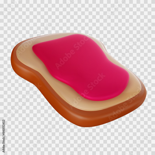 3d render bread slice with pink jam in realistic glossy style. Cute cartoon food element. Bright vector illustration isolated on transparent background.