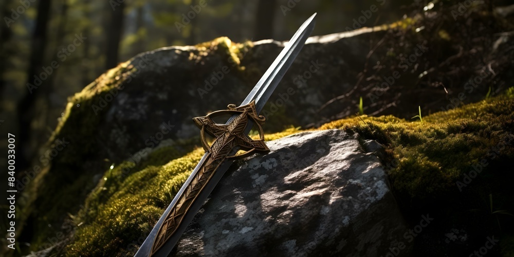 King Arthurs Excalibur sword in stone illuminated by forest sunlight a King Arthurs Excalibur sword in stone illuminated by forest sunlight a