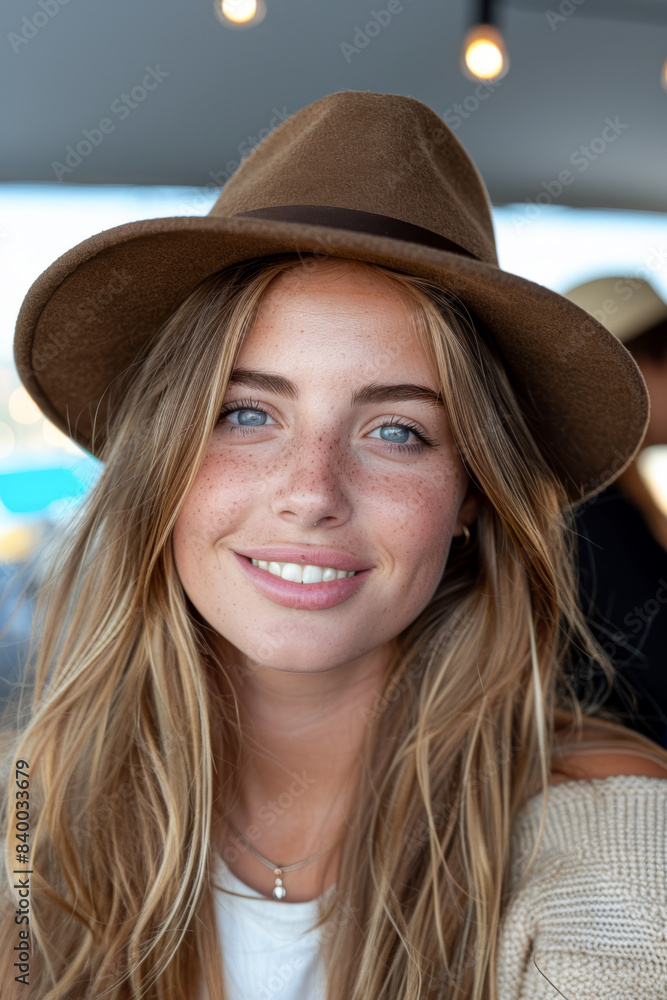 Portrait of a beautiful young woman in a hat looking at the camera Portrait of a beautiful young woman in a hat looking at the camera