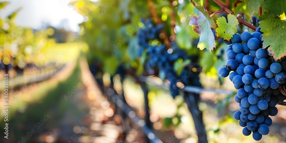 Fototapeta premium Sunset illuminating vineyard with grape vines. Concept Sunset Photography, Vineyard Landscape, Grape Vines, Nature Photography