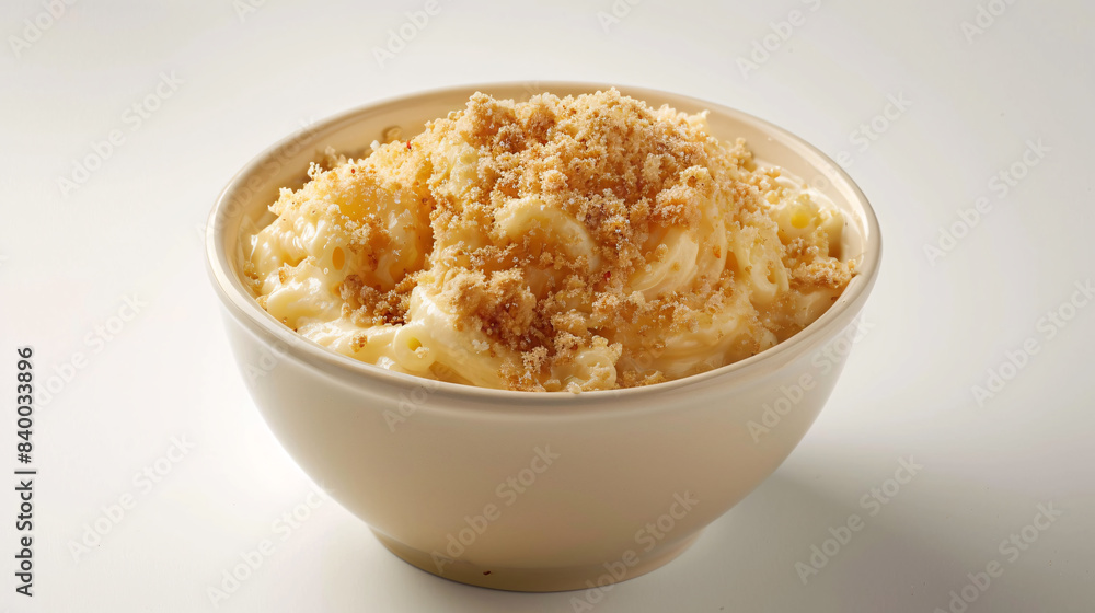 Creamy macaroni and cheese with breadcrumbs on white background Creamy macaroni and cheese with breadcrumbs on white background