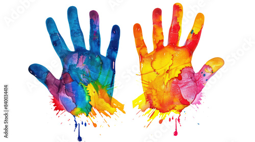 Colorful hand print isolated on transparent white background, clipping path 