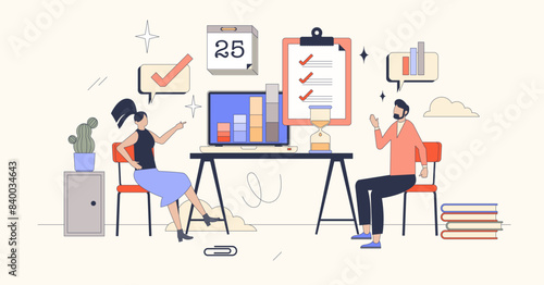 Performance management and sales report tiny person neubrutalism concept. Financial improvement or result analysis for productivity and efficiency vector illustration. Business goal optimization.