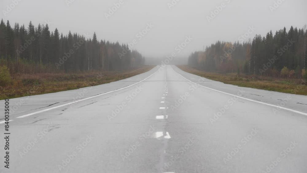 A drive through a forest on a rainy day in Finland. The camera is mounted to the dashboard of a car, giving viewers a first-person perspective. The road is empty and the weather is bleak, creating a s A drive through a forest on a rainy day in Finland. The camera is mounted to the dashboard of a car, giving viewers a first-person perspective. The road is empty and the weather is bleak, creating a s
