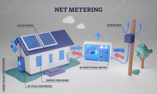 Fotografija Net metering billing mechanism for solar energy production 3D illustration