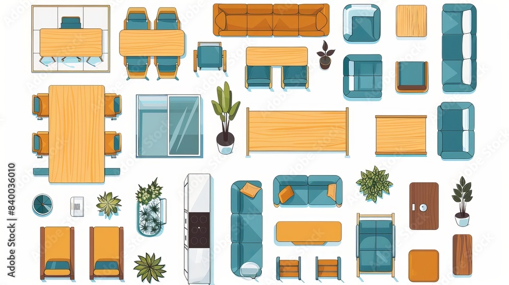 Office Furniture Top View Vector Elements Set. Kit for a workspace ...