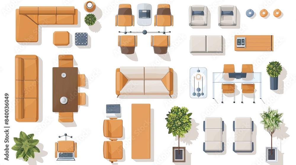 Office Furniture Top View Vector Elements Set. Kit for a workspace ...