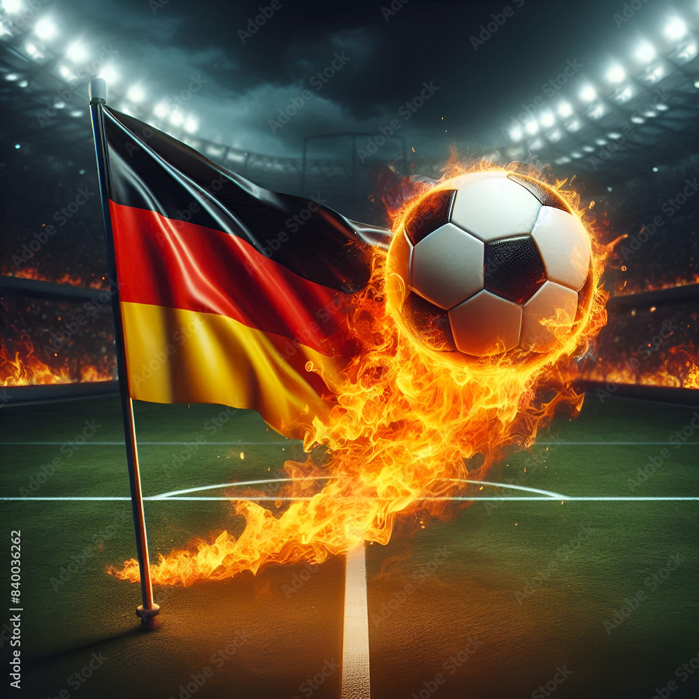 flaming football flying into a soccer field with the black, red and
