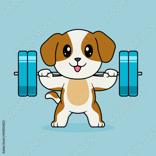 Cute Dog Lifting Barbell. Funny cartoon Dogs. Illustration Animal Sport Isolated Flat Vector.