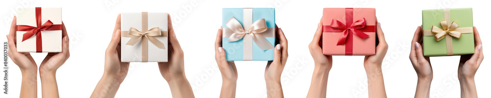 Hands holding gift box png element set on transparent background Hands holding gift box png element set on transparent background