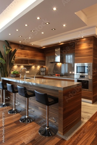 A modern kitchen contains a wooden floor and a marble counter  