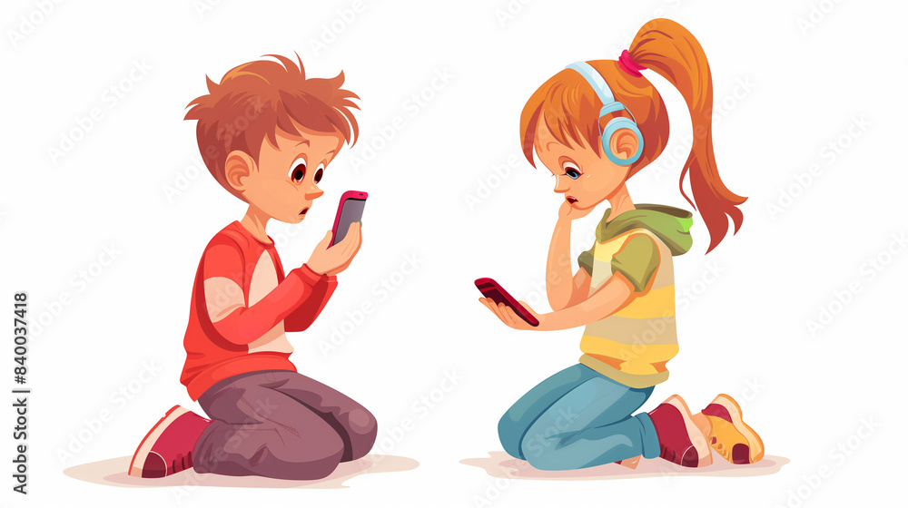 Kids Using Mobile Phones Illustration, Illustration of a boy and girl using mobile phones, highlighting the influence of technology on children Kids Using Mobile Phones Illustration, Illustration of a boy and girl using mobile phones, highlighting the influence of technology on children