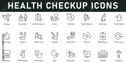 health checkup Icons vector illustration with thin line editable stroke contains consultation, insurance, doctor, treatment, blood pressure, laboratory, mental health, blood sugar, patient, injection