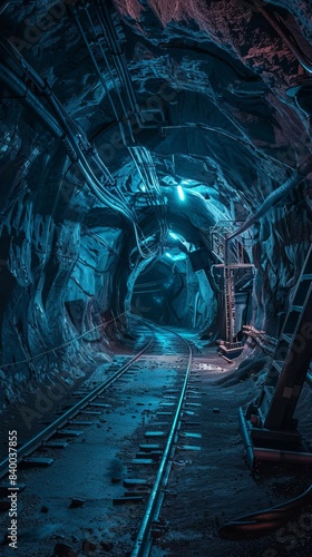 Deep tunnel entrance, dimly lit, underground passage, industrial equipment, wide-angle