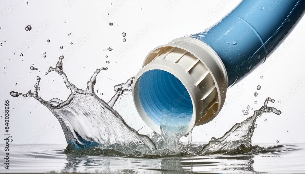 Image of leaked and splashed water from a pvc plastic pipe, isolated on a white background. Image of leaked and splashed water from a pvc plastic pipe, isolated on a white background.