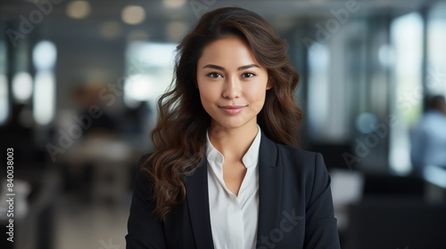 Smilling businesswoman standing at the office,looking at the camera.