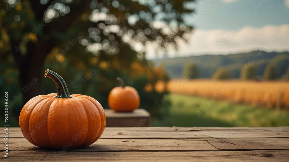 Wooden surface with pumpkins on blurred rustic countryside seasonal autumn background. Banner with copy space. Template showcase scene for display, montage, advertising product. Wooden surface with pumpkins on blurred rustic countryside seasonal autumn background. Banner with copy space. Template showcase scene for display, montage, advertising product.