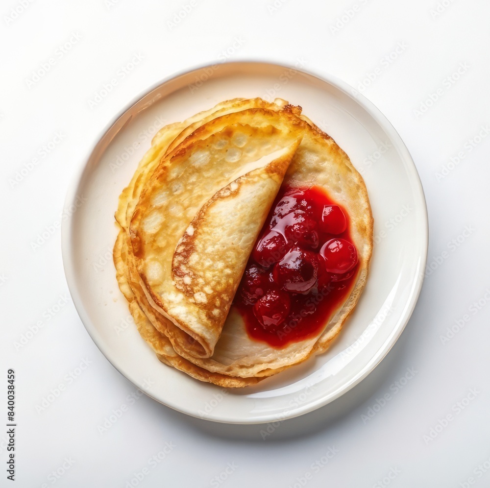 Culinary Simplicity at its Best: A Russian Thin Pancake with Jam, Neatly Presented on a White Ceramic Dish Against a Pristine White Background
Culinary Simplicity at its Best: A Russian Thin Pancake with Jam, Neatly Presented on a White Ceramic Dish Against a Pristine White Background