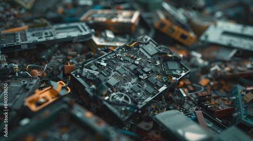 A pile of electronic waste with a broken computer chip on top. Concept of disarray and waste, as well as the idea of discarded technology