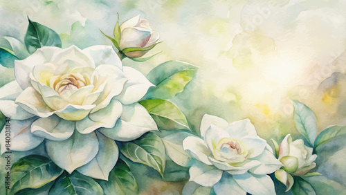 Watercolor background of gardenias flowers