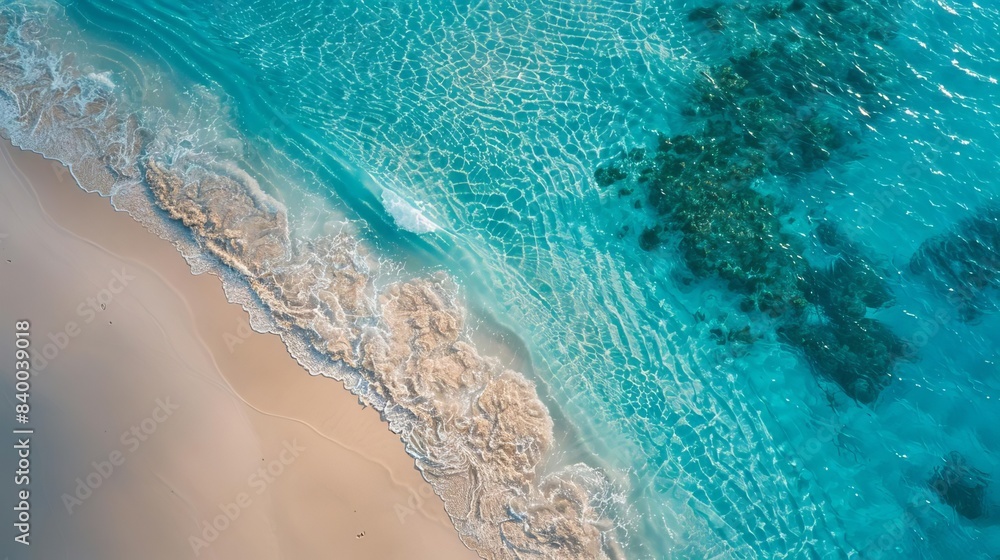 Aerial view of a pristine beach with crystal clear turquoise waters and gentle waves, showcasing natural beauty and tranquility.